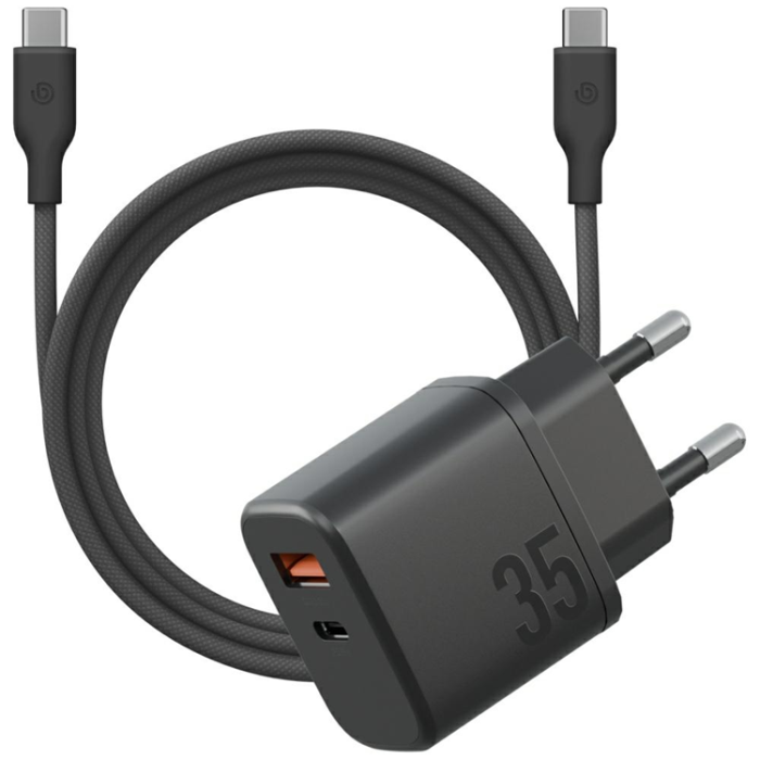 ENERGEA - Bazic Väggladdare USB-A Till USB-C Med USB-C Kable - Svart