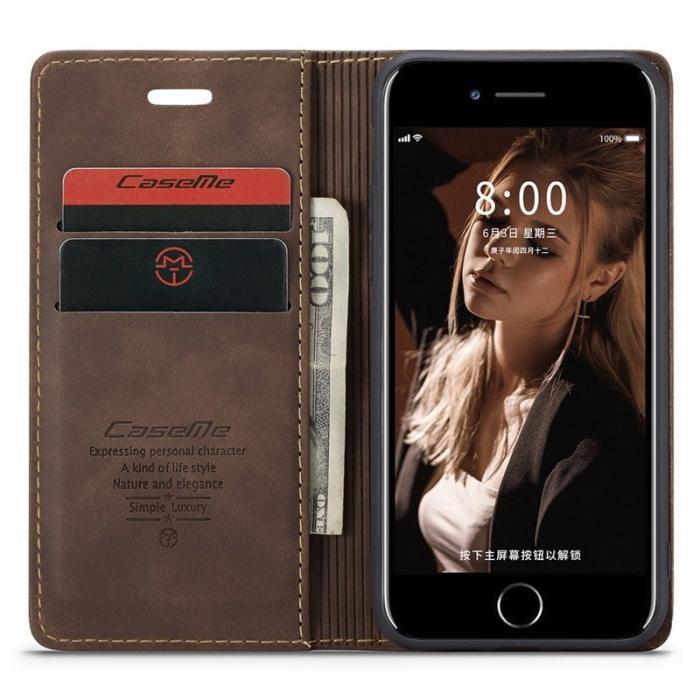 Caseme - CASEME 013 Series KonstLäder Mobilskal med Ställ för iPhone 8/7/SE - Brun