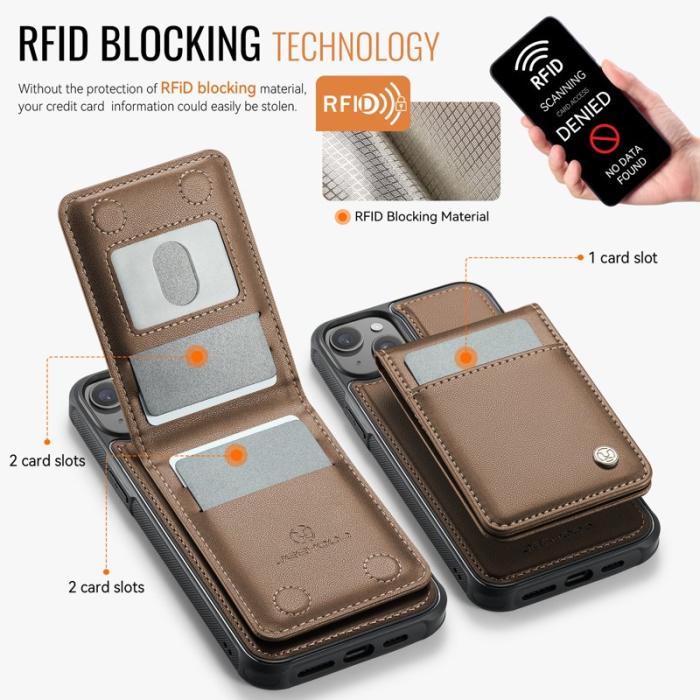 JEEHOOD - JEEHOOD J06 iPhone 14 Konstläder fodral MagSafe med kortfack - Brun
