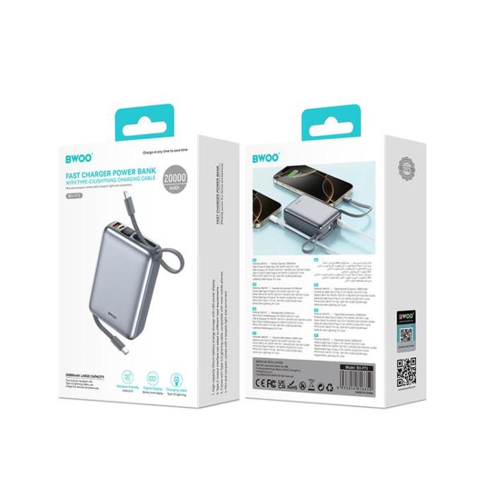 BWOO - BWOO Powerbank 20000mAh 22.5W med Inbyggda Kablar P73 - Svart