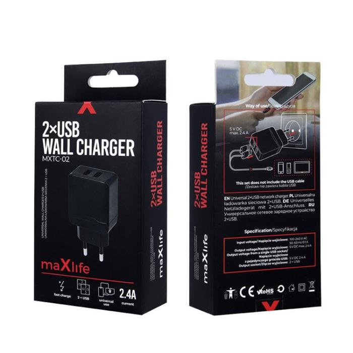 Maxlife - Maxlife Väggladdare 2x USB 2.4A MXTC-02 - Svart