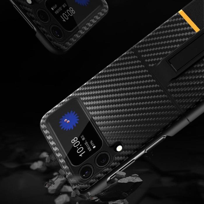 A-One Brand - Galaxy Z Flip 4 Skal Carbon Fiber Kickstand - Gul