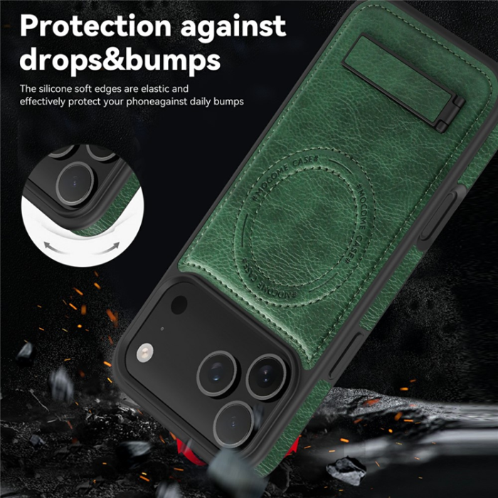 A-One Brand - iPhone 17 Pro Mobilskal MagSafe Kickstand Läder - Svartgrön