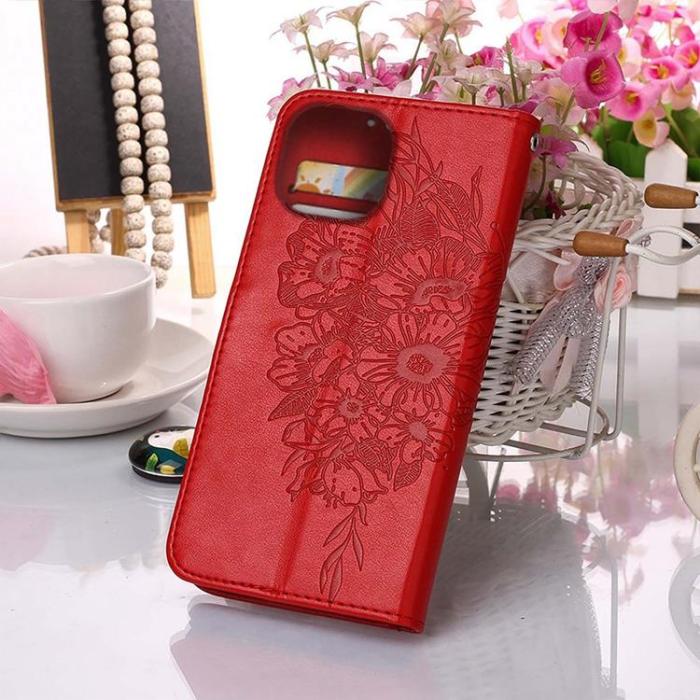 OEM - iPhone 14 Pro Max Plånboksfodral Butterfly Flower Imprinted - Röd