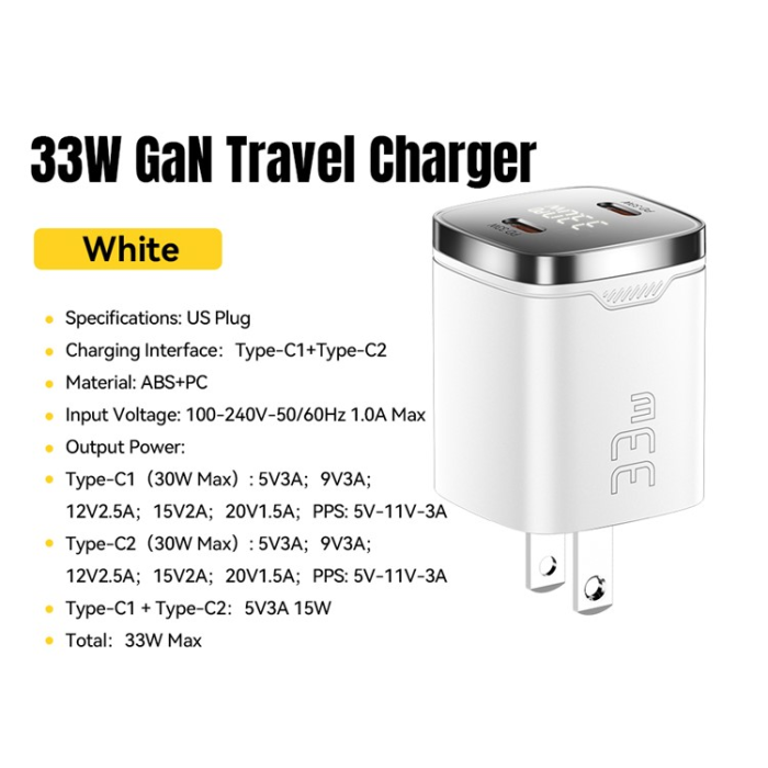 ESSAGER - ESSAGER GaN Snabbladdare 33W 2x USB-C med LED US - Vit