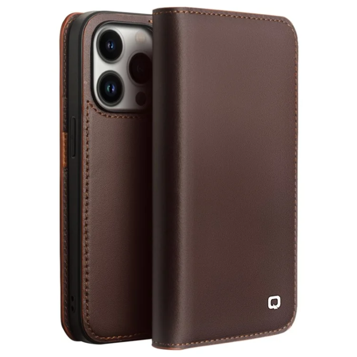 QIALINO - Qialino iPhone 14 Pro Plånboksfodral Äkta läder - Brun