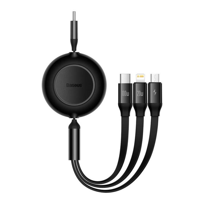UTGATT - Baseus Retractable 3in1 microUSB Typ-C Lightning Kabel 1.1m - Svart
