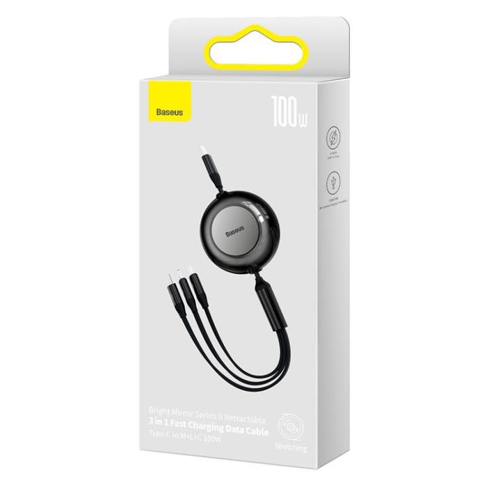 UTGATT - Baseus Retractable 3in1 microUSB Typ-C Lightning Kabel 1.1m - Svart