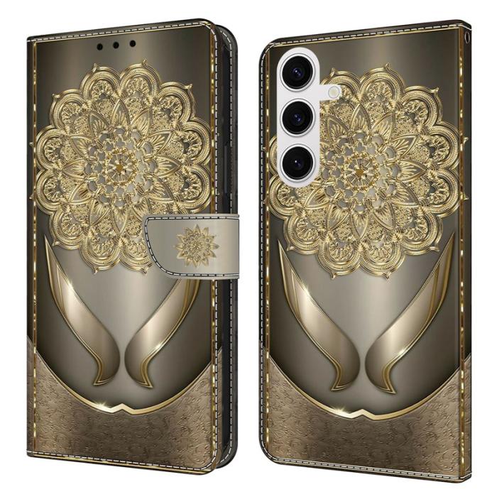 Amorus - Samsung Galaxy S26 Plånboksfodral Mönstertryck Konstläder Flip Ställ - Guld
