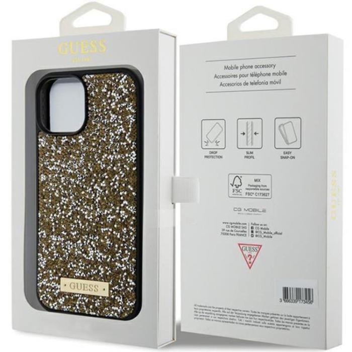 Guess - Guess iPhone 15 Mobilskal Rhinestone Metal Logo - Gul
