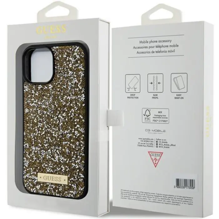 Guess - Guess iPhone 15 Mobilskal Rhinestone Metal Logo - Gul