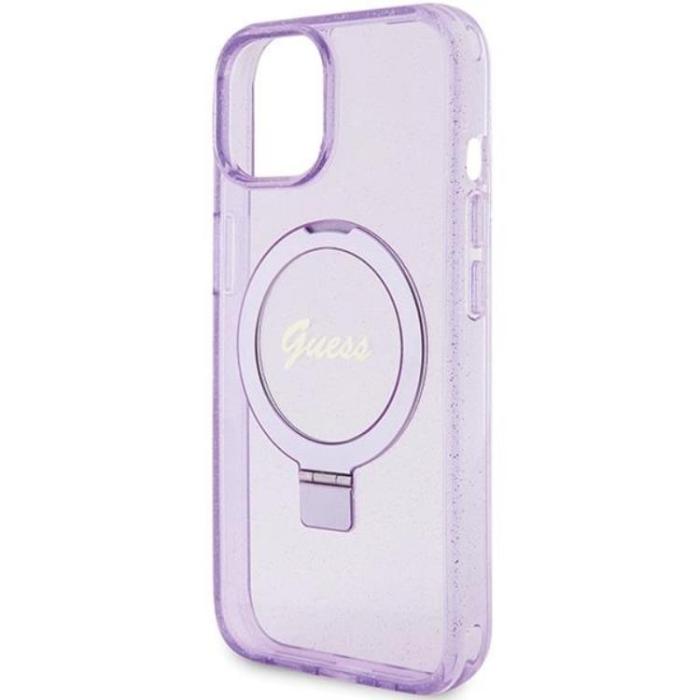 Guess - Guess iPhone 15/14 Plus Mobilskal Magsafe Ringställ Script Glitter - Lila