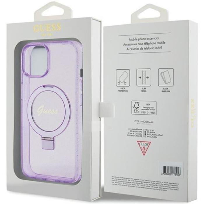 Guess - Guess iPhone 15/14 Plus Mobilskal Magsafe Ringställ Script Glitter - Lila