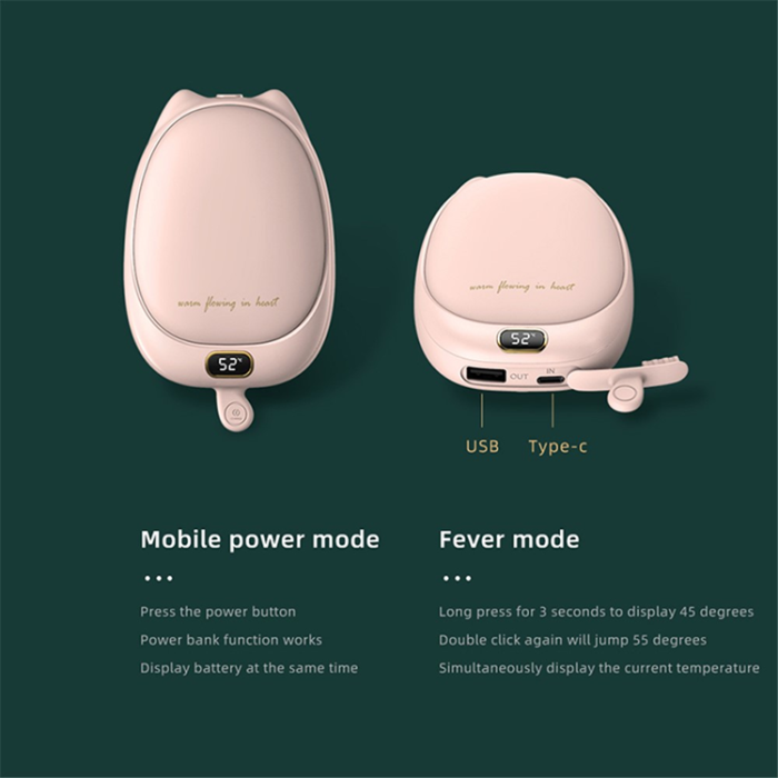 OEM - 2in1 Powerbank 10000mAh med Handvärmare och temperaturkontroll - Rosa