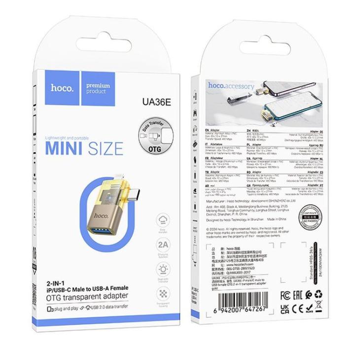 Hoco - Hoco 2-i-1 OTG Adapter USB-A Till Lightning/USB-C UA36E - Guld