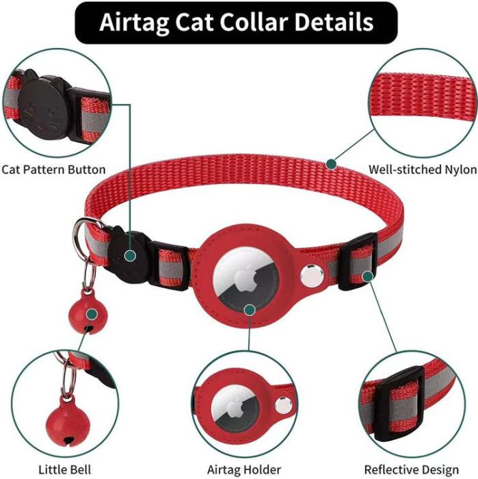 A-One Brand - Airtag Katthalsband, justerbar med reflex och bjällra - Röd