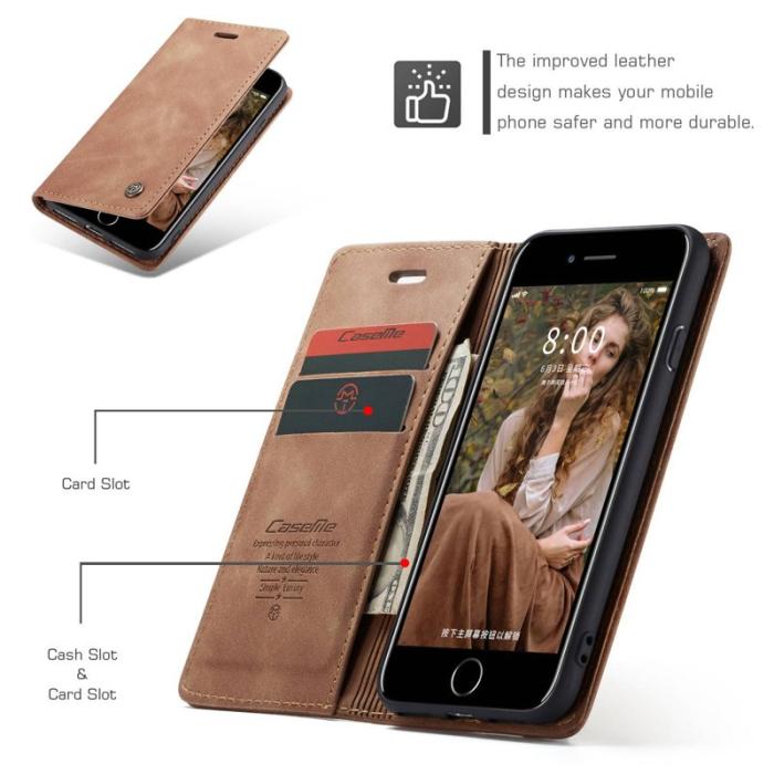 Caseme - CASEME 013 Series KonstLäder Mobilskal med Ställ för iPhone 8/7/SE Khaki