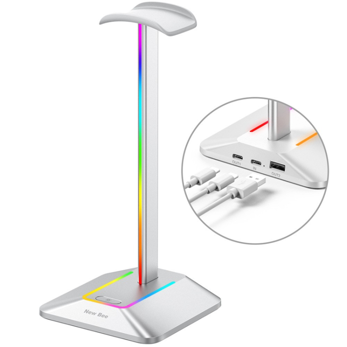 A-One Brand - NEW BEE RGB-Ljus Hörlursställ med USB, Typ-C Expansionshub Z8 - Silver
