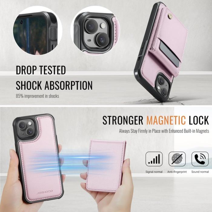 JEEHOOD - JEEHOOD J06 iPhone 14 Konstläder fodral MagSafe med kortfack - Rosa