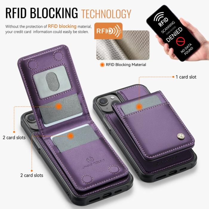 JEEHOOD - JEEHOOD J06 iPhone 14 Konstläder fodral MagSafe RFID-Skydd Lila