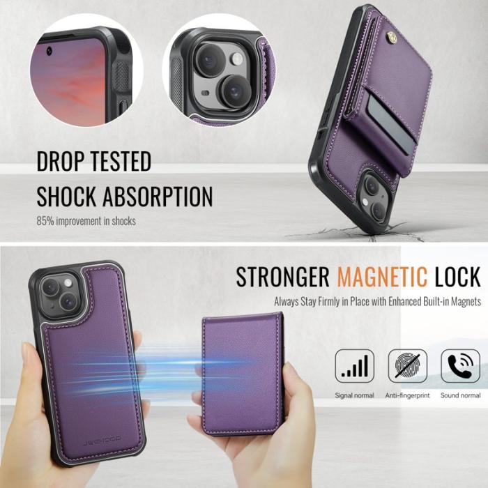 JEEHOOD - JEEHOOD J06 iPhone 14 Konstläder fodral MagSafe RFID-Skydd Lila