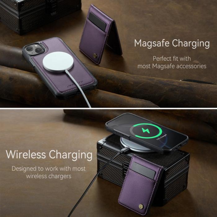 JEEHOOD - JEEHOOD J06 iPhone 14 Konstläder fodral MagSafe RFID-Skydd Lila