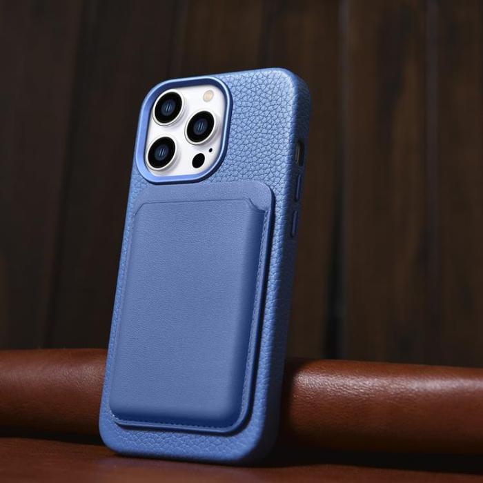 ICARER - iCarer iPhone 14 Pro Skal Magsafe Äkta Läder Litchi Premium - Ljusblå