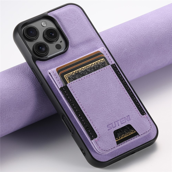 SUTENI - SUTENI iPhone 16 Pro Mobilskal Korthållare Litchi Läder - Lila