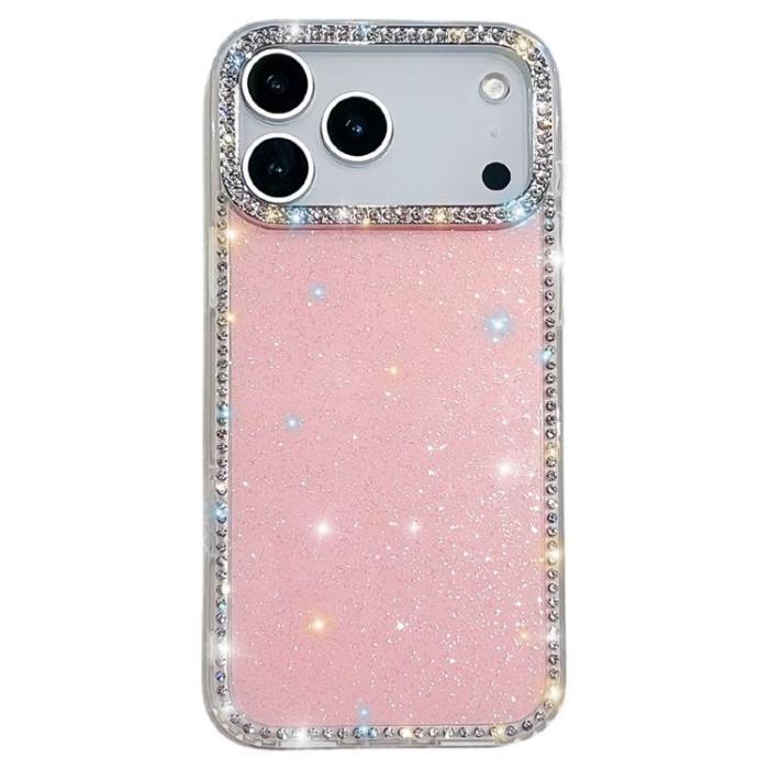 A-One Brand - iPhone 17 Pro Max Mobilskal Rhinestone Edge - Glitter Ljusrosa