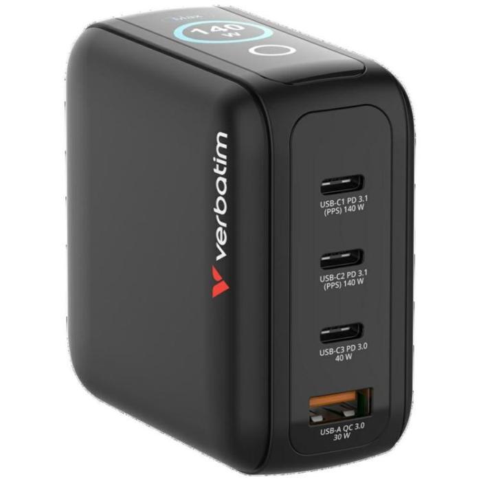 Verbatim - Verbatim Snabbladdare 140W 3xUSB-C 1xUSB-A GaN Mini EU/UK/USA - Svart
