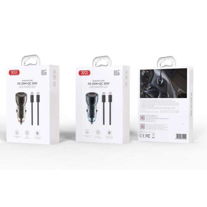 XO - XO Billaddare USB/USB-C 60W med USB-C/USB-C Kabel - Blå