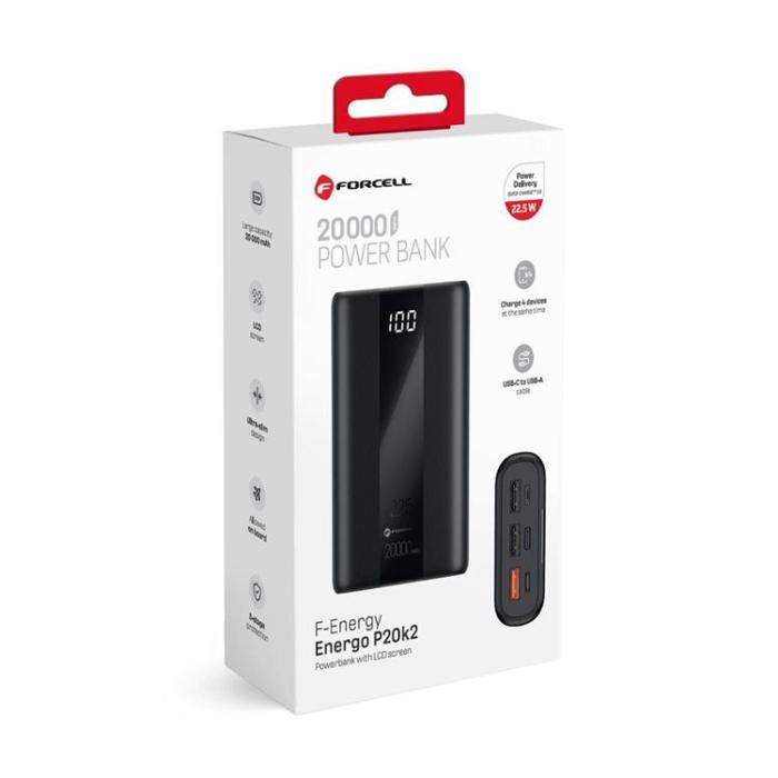 Forcell - Forcell Powerbank 20000 mAh 22.5W PD QC 3A Energo - Svart
