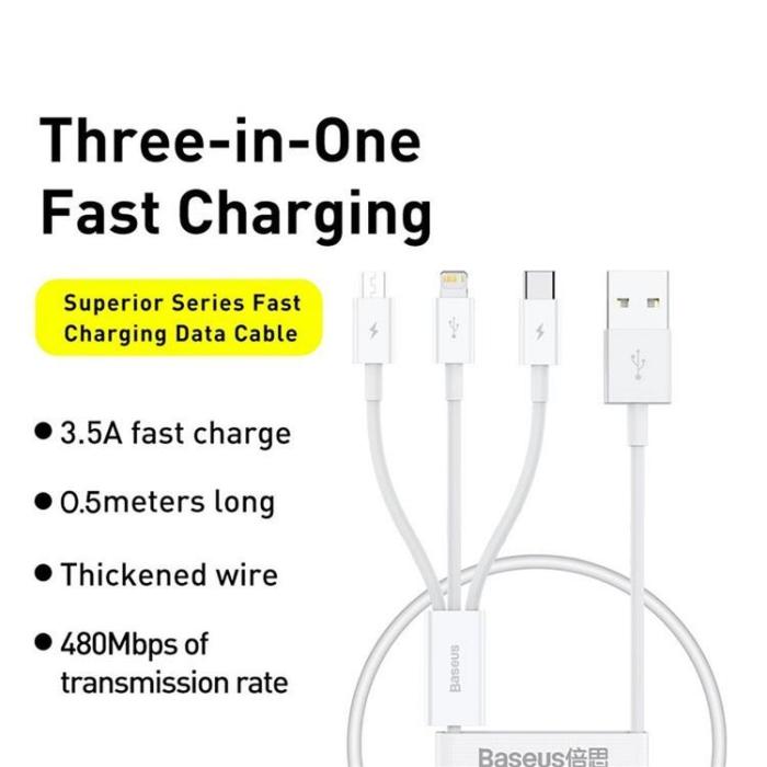 BASEUS - Baseus 3in1 USB-A till USB-C, Lightning, microUSB kabel 0.5m