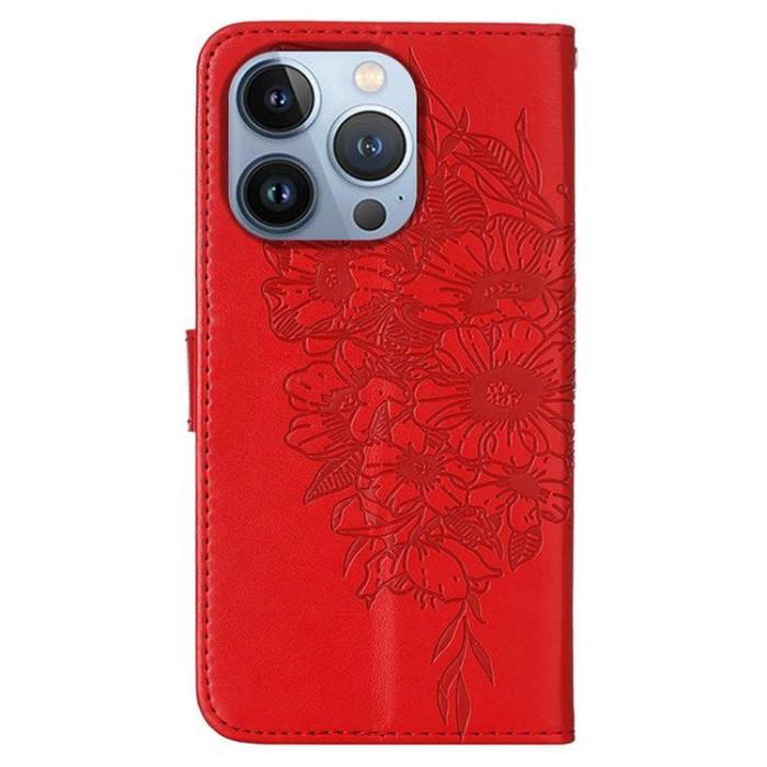 OEM - iPhone 14 Pro Max Plånboksfodral Butterfly Flower Imprinted - Röd