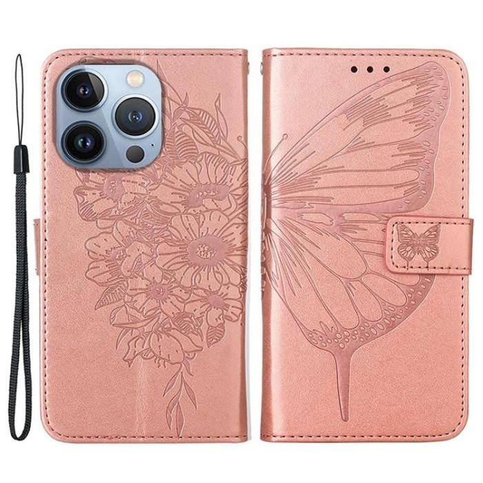 OEM - iPhone 14 Pro Max Plånboksfodral Butterfly Flower Imprinted - Rosa Guld