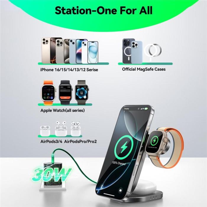 Joyroom - JOYROOM Qi2 MagSafe Trådlös Laddare iPhone, Apple Watch, Airpods - Svart