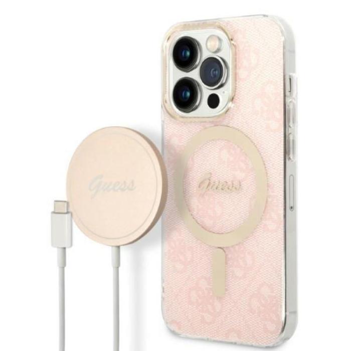 Guess - GUESS iPhone 14 Pro Magsafe Skal Print + Trådlös Laddare - Rosa