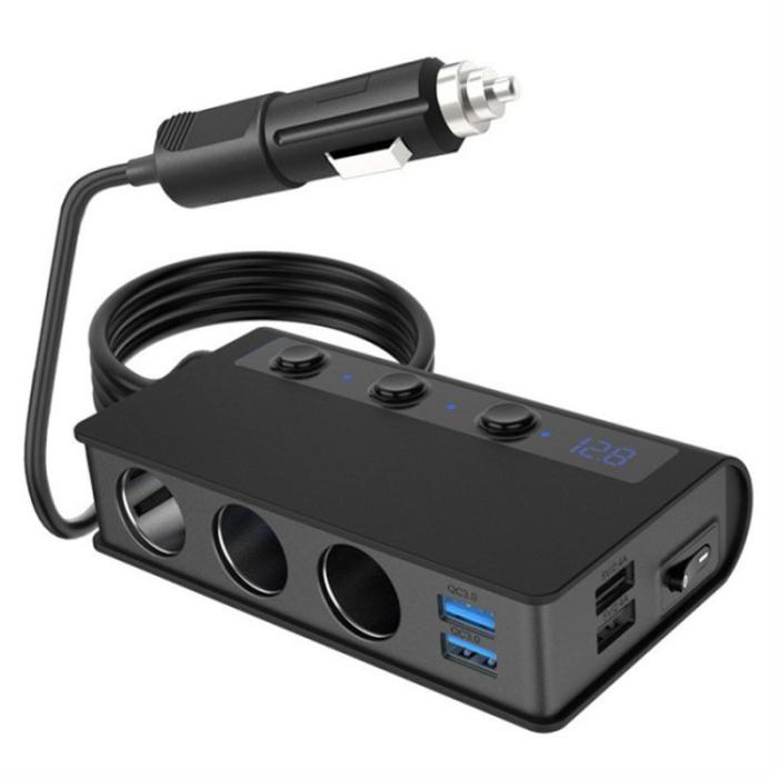 OEM - 180W Billaddare 3 Cigarette Lighter Uttag 4 USB QC3.0 Snabbladdare - Svart
