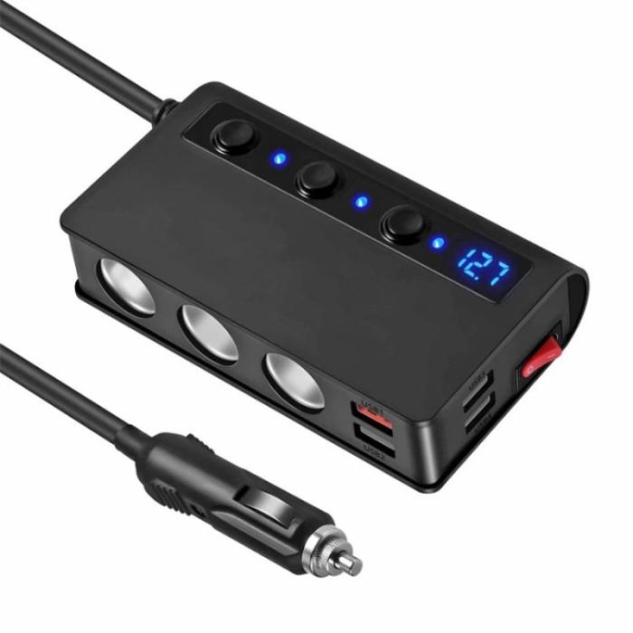 OEM - 180W Billaddare 3 Cigarette Lighter Uttag 4 USB QC3.0 Snabbladdare - Svart