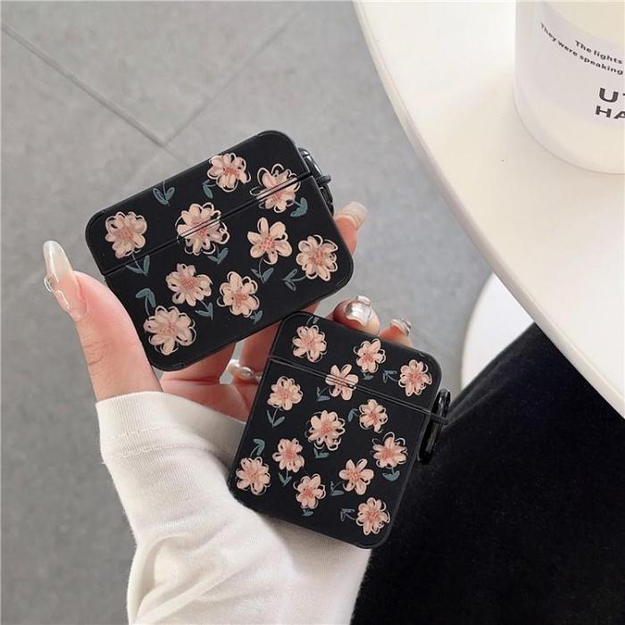 OEM - Airpods 3 Skal Daisy Pattern med Ringspänne - Svart/Rosa