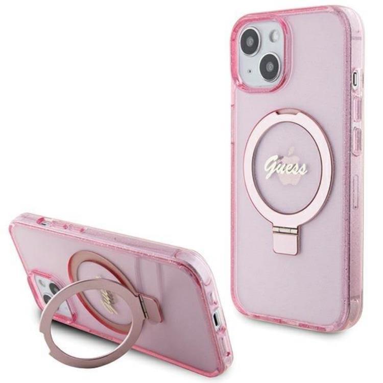 Guess Mobilskal till iPhone 15/14 Plus Magsafe Ringställ Script Glitter - Rosa