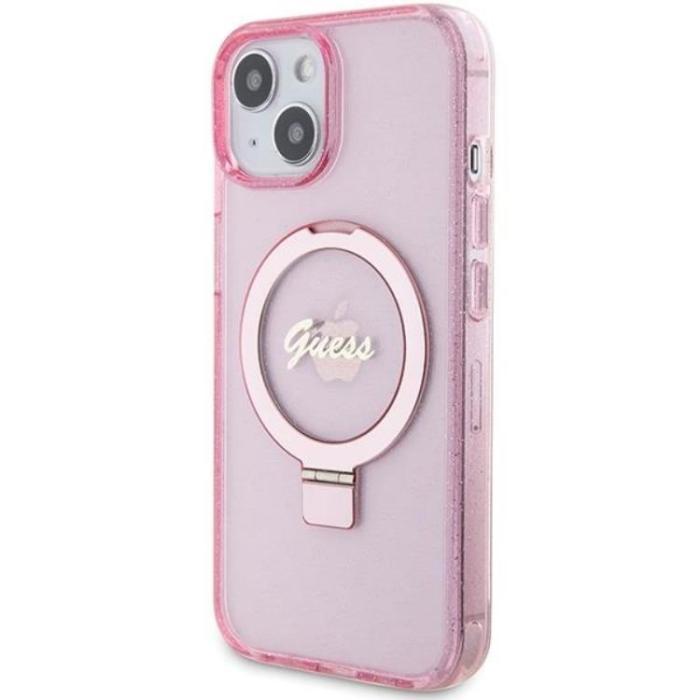 Guess - Guess iPhone 15/14 Plus Mobilskal Magsafe Ringställ Script Glitter - Rosa