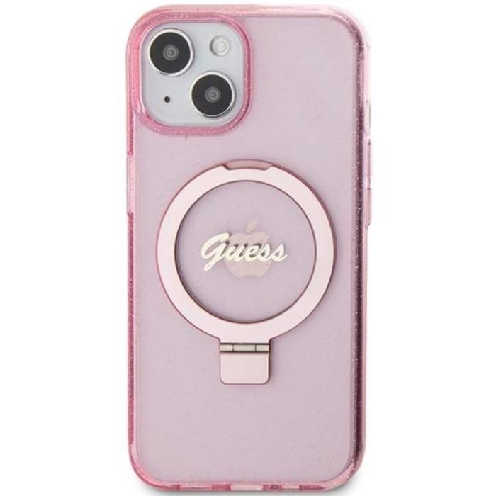 Guess - Guess iPhone 15/14 Plus Mobilskal Magsafe Ringställ Script Glitter - Rosa
