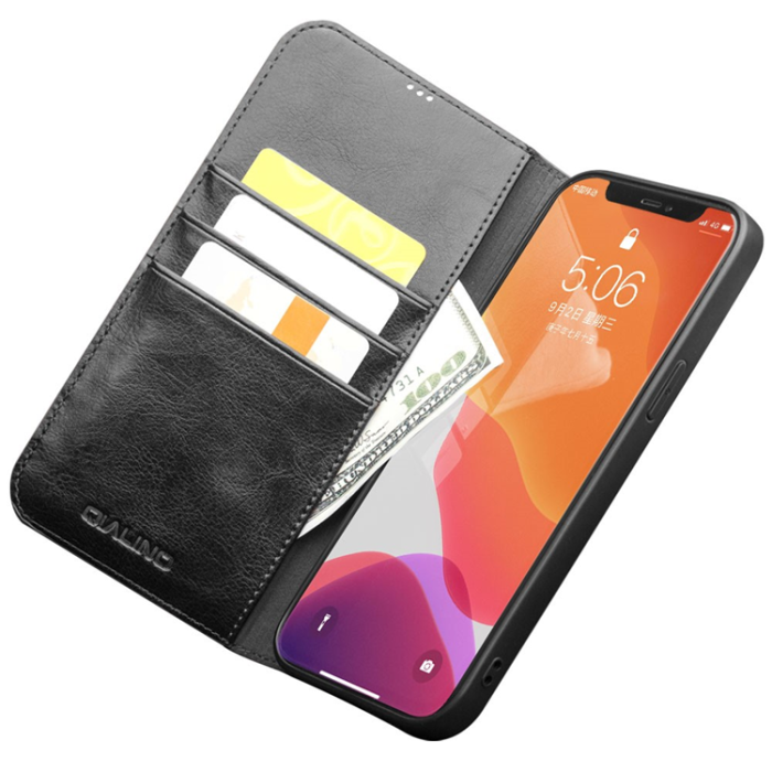QIALINO - QIALINO iPhone 12 Pro Max Plånboksfodral Äkta Läder Shockproof - Svart