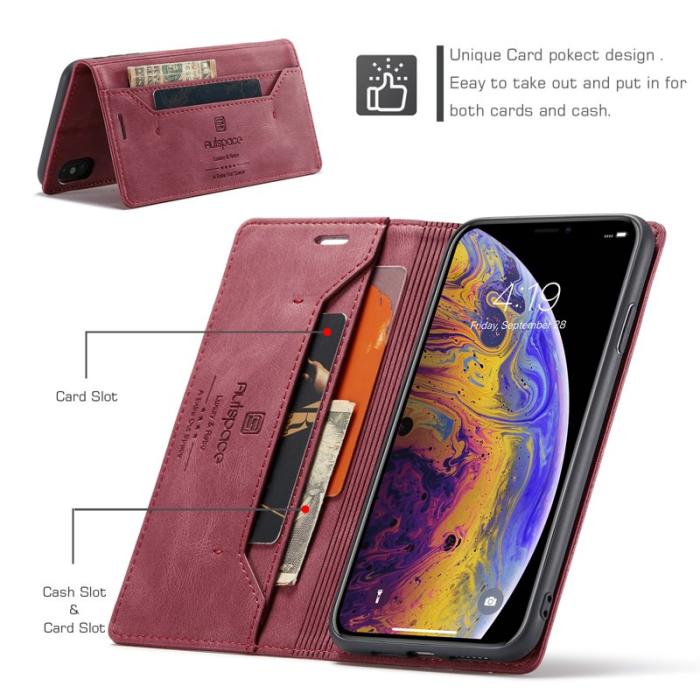 AUTSPACE - AUTSPACE A01 Plånboksfodral i Konstläder för iPhone XS Max - Röd