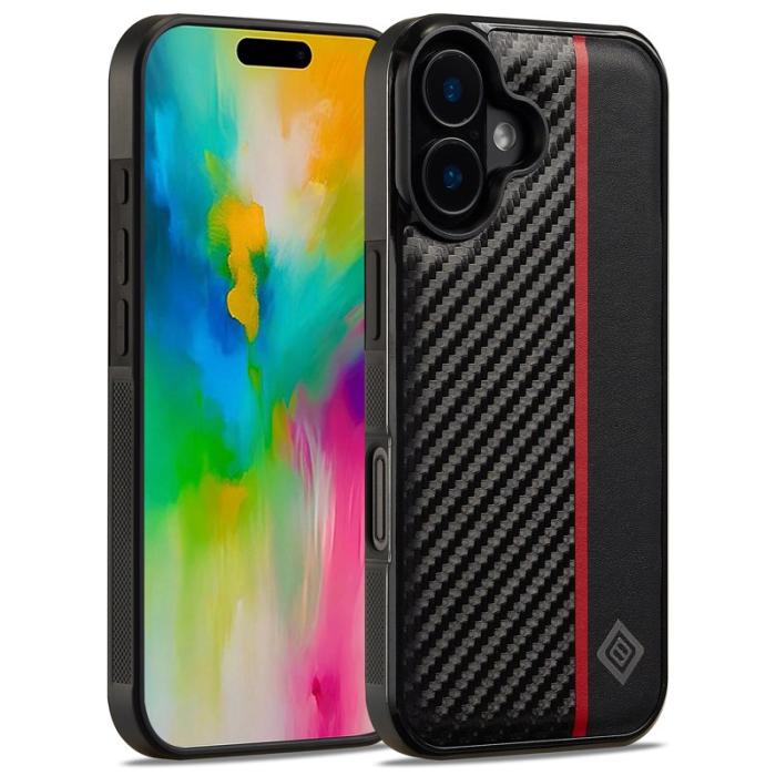 LC.imeeke - LC.IMEEKE iPhone 16 Plus Fodral i Kolfiber-Läder - Svart