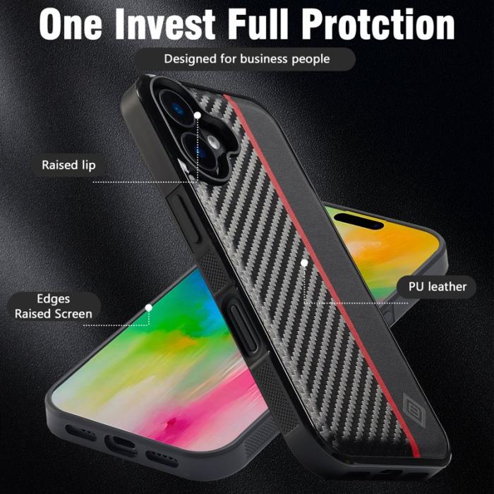 LC.imeeke - LC.IMEEKE iPhone 16 Plus Fodral i Kolfiber-Läder - Svart