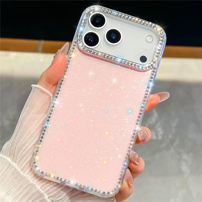 A-One Brand - iPhone 17 Pro Max Mobilskal Rhinestone Edge - Glitter Ljusrosa