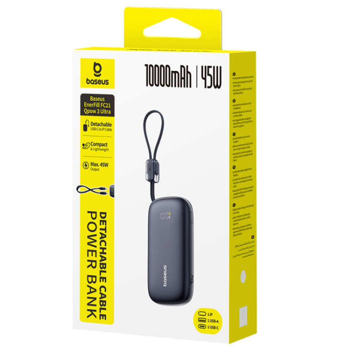 BASEUS - Baseus Powerbank 10000mAh 45W med USB-C till Lightning Kabel - Svart