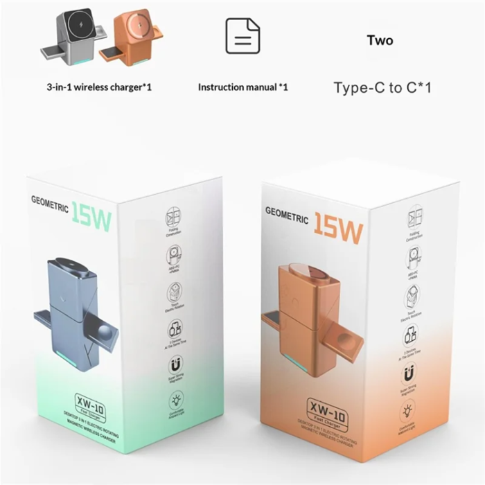 A-One Brand - W10 3-i-1 Magnetisk Trådlös Laddare 15W För iPhone Och Samsung - Orange